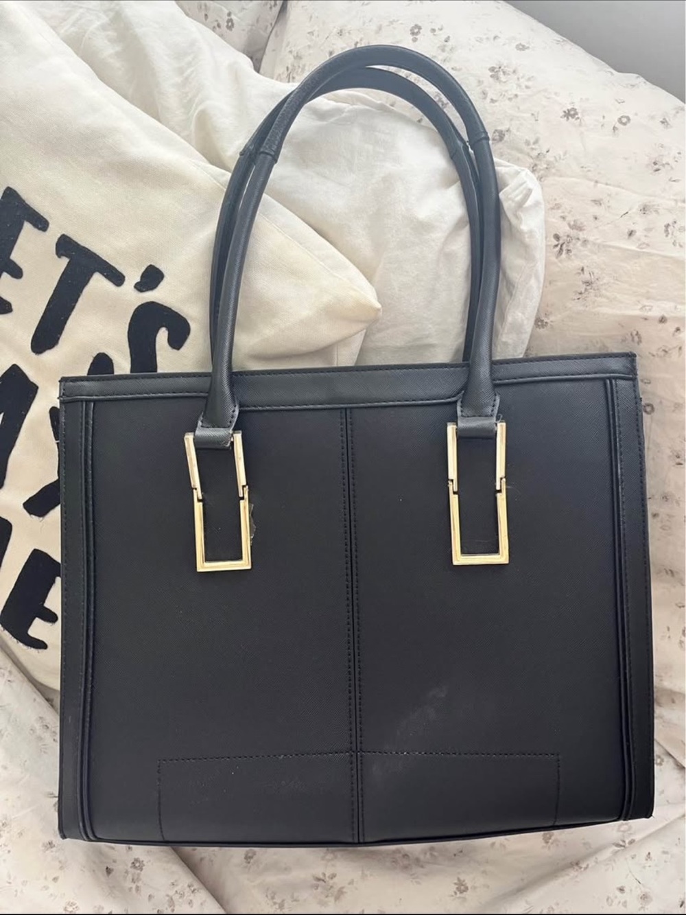 Classic Black Leather Tote Bag with Gold Hardware